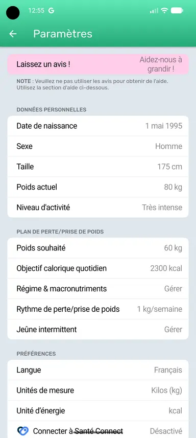Bouton Jeûne intermittent sur la page Paramètres