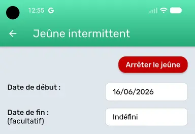 Arrêter le jeûne sur la page des paramètres du jeûne intermittent.