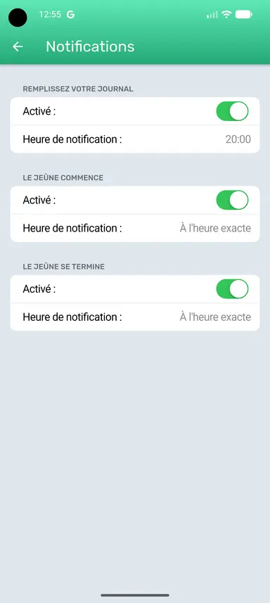 Page Paramètres des notifications